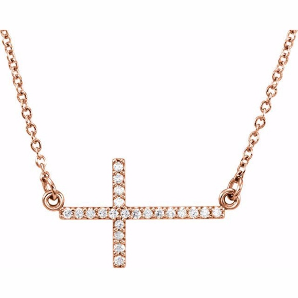14K Rose 1/10 CTW Diamond Sideways Cross 16-18"